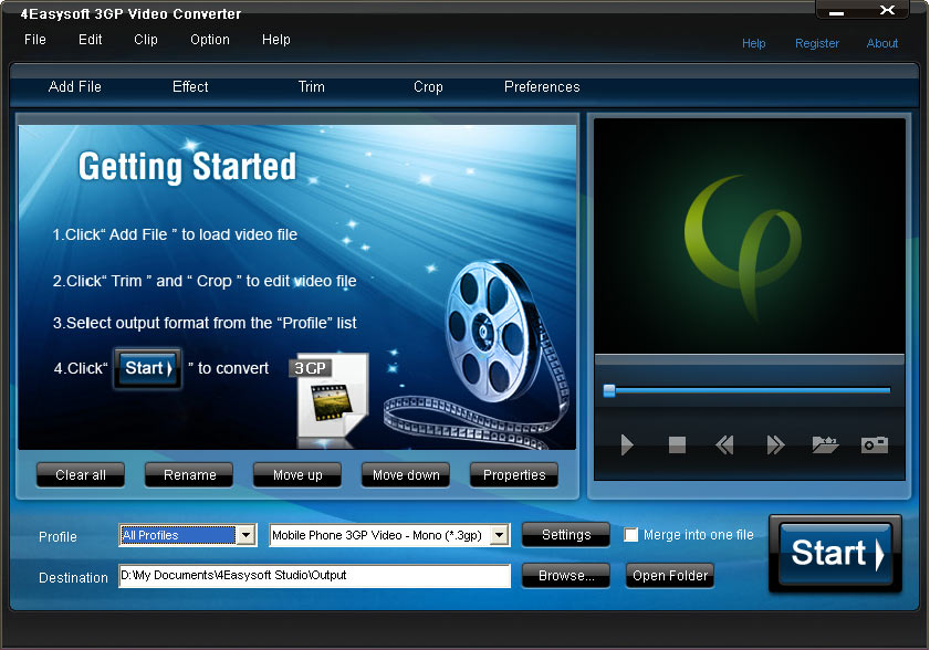 It enables you to convert AVI to 3GP, MPEG to 3GP and FLV to 3GP at ease.