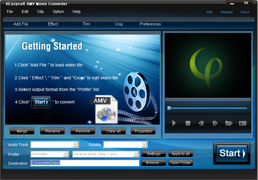 Convert video to AMV files and MTV video; obtain MP3, MP2 and WAV audios.