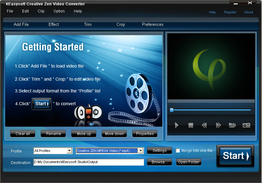 convert video to Zen such as AVI, MP4, Mod, MPG, MOV, MKV, WMV, DivX, 3GP, etc.