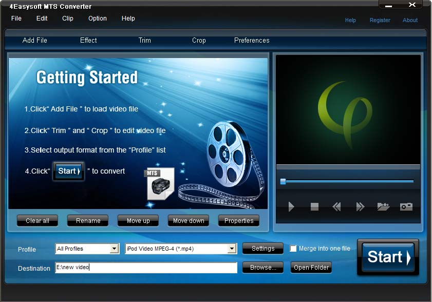 Convert MTS video/file to AVI, MOV, MP4, MPEG, WMV and other popular videos.