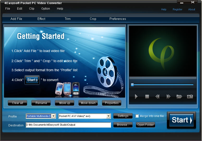 Convert video to WMV/AVI format to play on Pocket PC/BlackBerry/Dell Player.