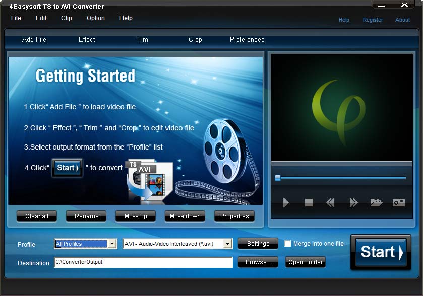 Convert TS to AVI, HD AVI, DivX HD (.avi), XviD HD (.avi) videos.