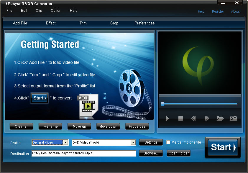 Convert videos to DVD video formats such as AVI and WMV to VOB.