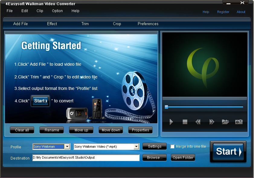 Convert regular video formats to Walkman MPEG-4 and AVC for all Walkman players.