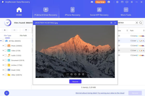 AnyRecover Gratis Dataåterställningsgränssnitt