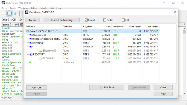 DMDE Free Edition Data Recovery Interface