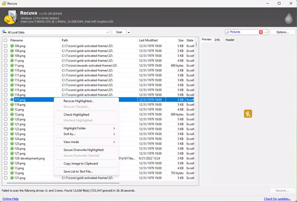 Recuva Data Recovery-gränssnitt