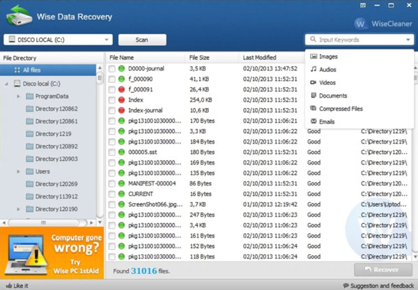 Wise Data Recovery Gratis gränssnitt