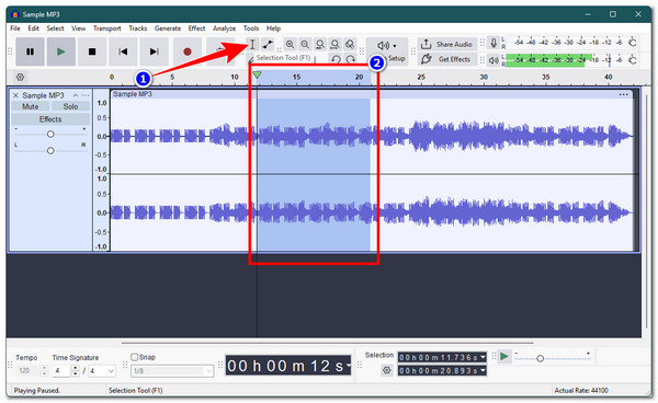 Audacity Wybierz część do przycięcia