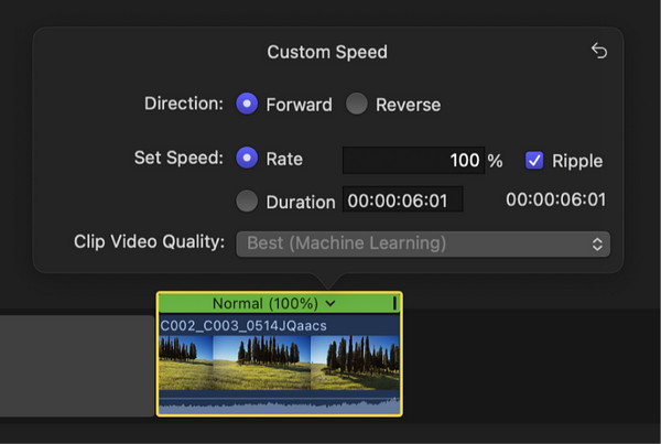 Videogeschwindigkeitsänderung in Apple Final Cut Pro