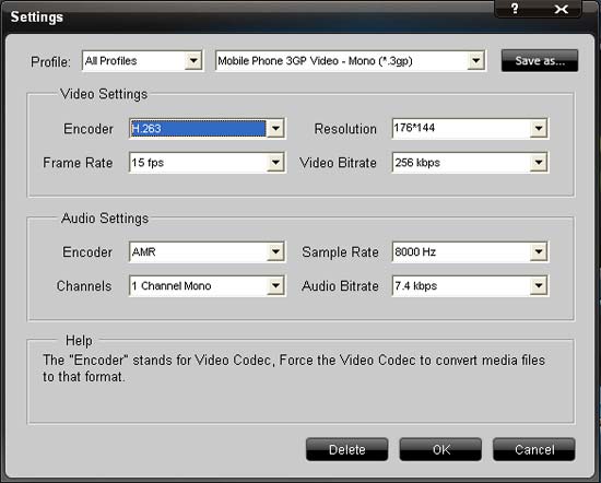 3GP Video Converter -settings