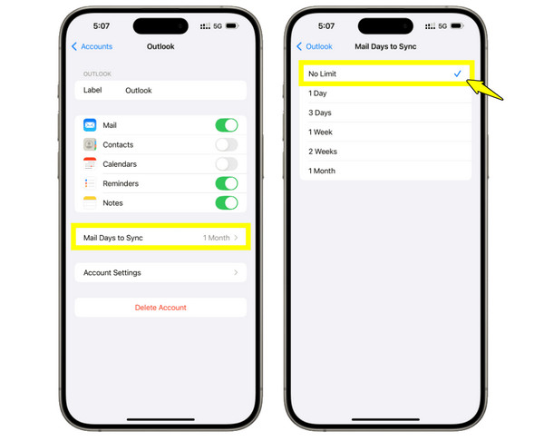 Správa nastavení synchronizace e-mailů