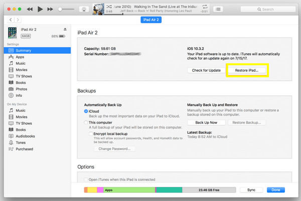 Restore iPad on iTunes or Finder