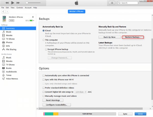 Restaurați backup-ul iTunes