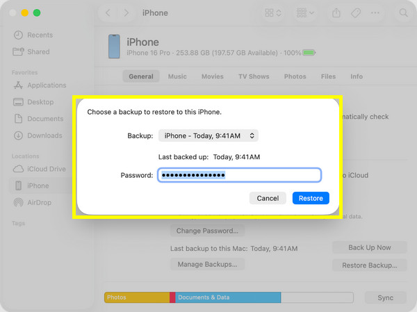 Finder Palauta iPhone varmuuskopiosta