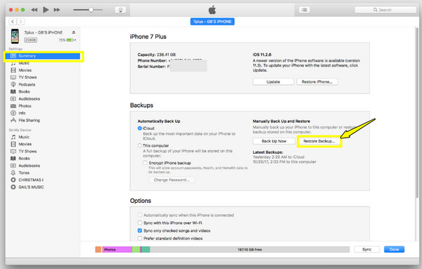 iTunes Palauta iPhone varmuuskopiosta