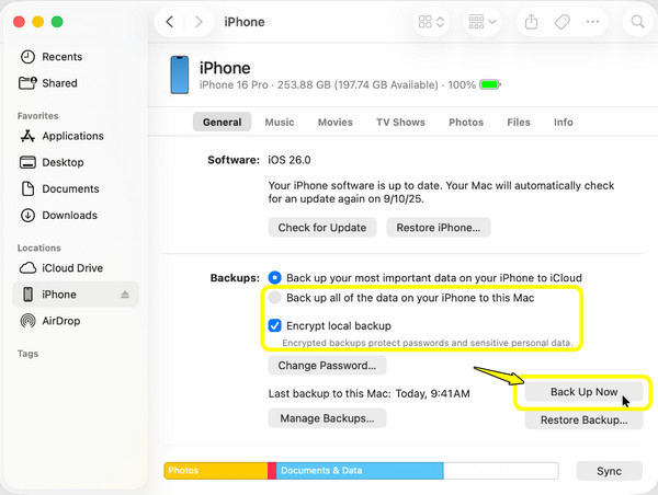 Finder iTunes 지금 백업하기