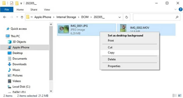 Transfira vídeos do iPhone para o PC usando o Explorador de Arquivos.