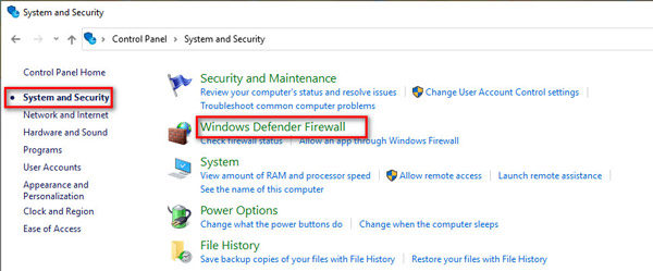Select Windows Defender Firwall