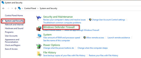 Vyberte Windows Defender Firewall