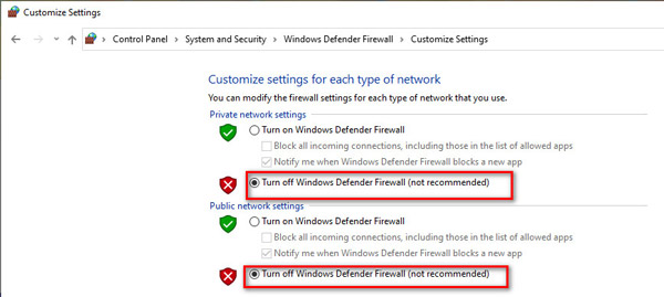 Turn off Windows Defender Firwall