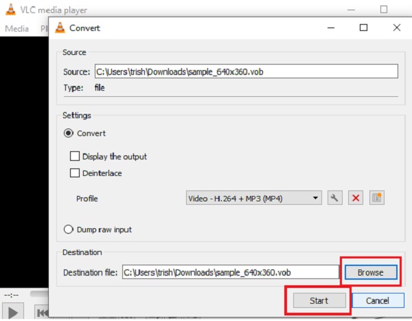VOBtoMP4 VLC Avvia