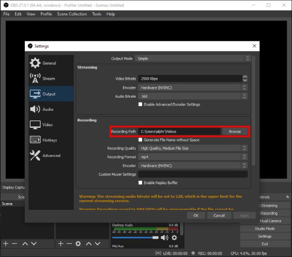 Nastavení nahrávání OBS Screen Recorder