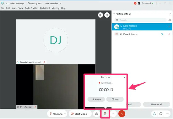 Démarrer l'enregistrement avec Webex par défaut