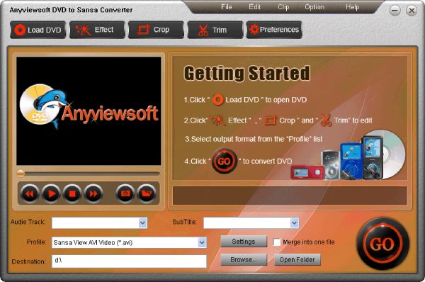 AnyViewSoft DVD to Sansa Converter Interface