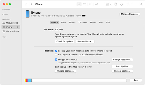 MacOS Finder iPhone Backup iCloud Selected