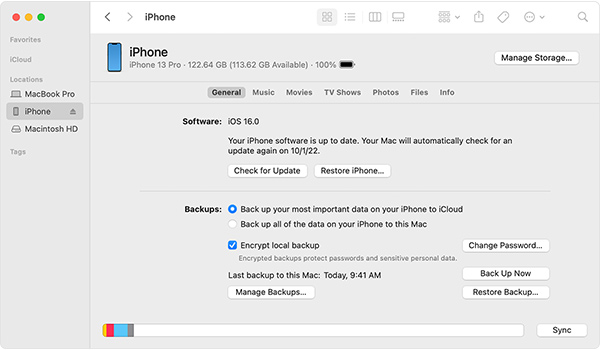 Mac OS Ventura Finder iPhone Sync Device Backup iCloud selecionado