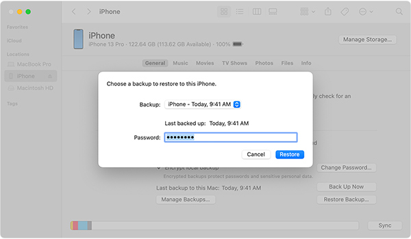 Mac OS Ventura Finder iPhone Sync Device Backup iCloud selecionado