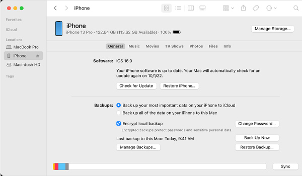 Velg din iPhone i Finder