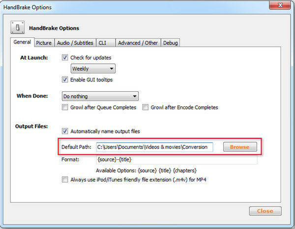 Handbrake Set a Default Destination