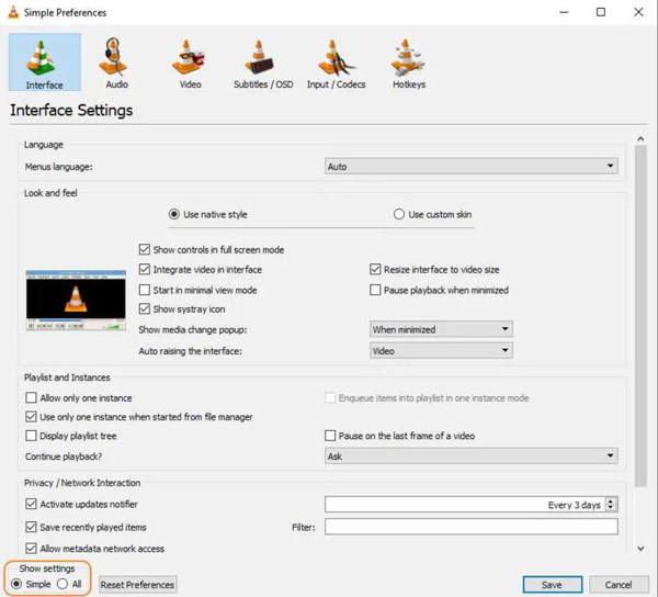 VLC Alle innstillinger