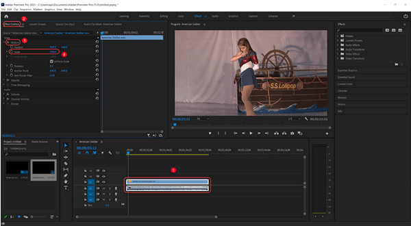 Adobe Premiere Aseta skaalaus ja aktivoi tehosteet