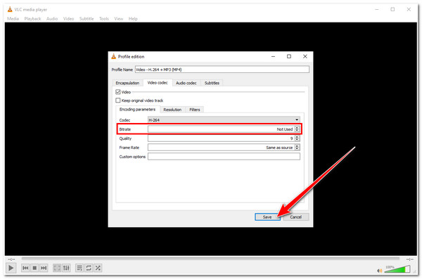 Pakkaa MP4 Video VLC Muokkaa bittinopeutta