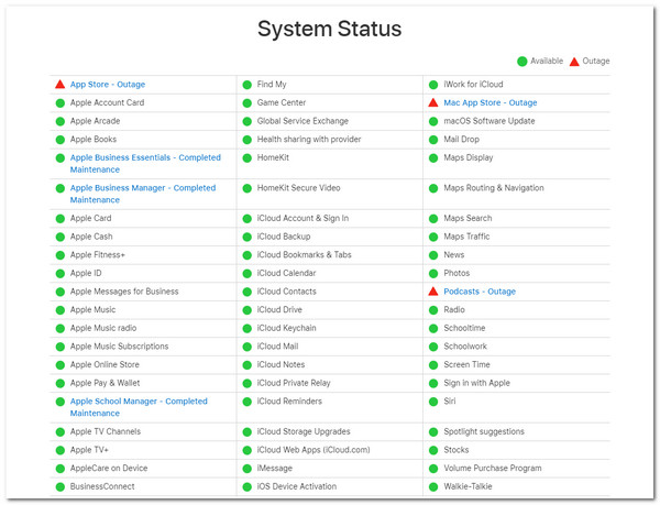 iTunes Match가 작동하지 않음 Apple 시스템 상태 페이지