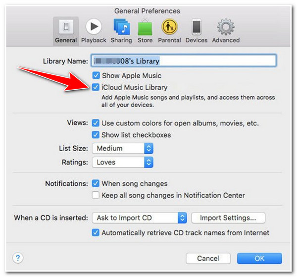 iTunes Match가 작동하지 않습니다. 음악 라이브러리 업데이트 일반 선택