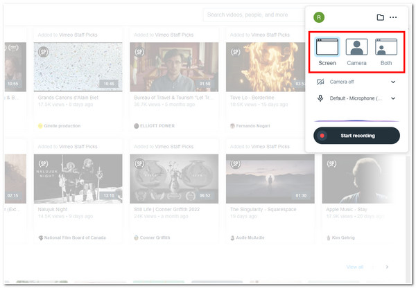 Nagrywanie ekranu Vimeo Wybierz, co chcesz uchwycić