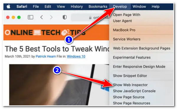 Ota vierivä kuvakaappaus Safari Show Web Inspector