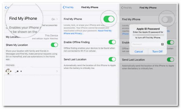 iPhone-asetukset Poista Find My käytöstä