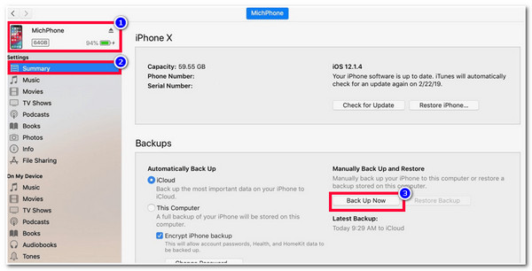 Backup iPhone Click Summary and Select Back Up Now