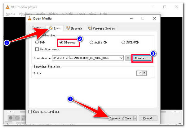 VLC Import Blu-ray Select Title Convert Save