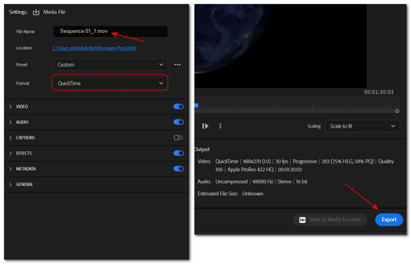 Imposta la première del formato Quicktime