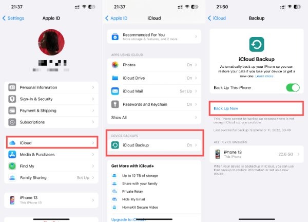 Varmuuskopioi tekstiviesti iCloud