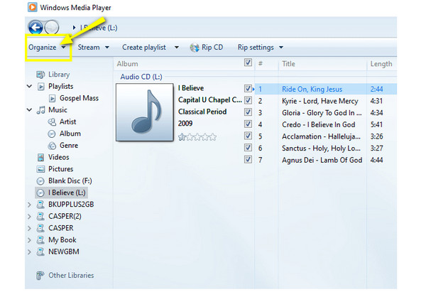 Windows Media Player Click Organize