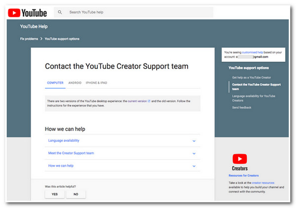 Truy cập Liên hệ với bộ phận Hỗ trợ của Người sáng tạo YouTube