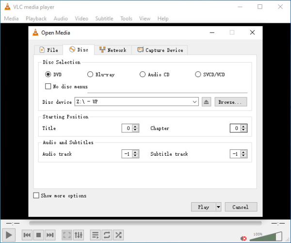 VLC Play DVD -menetelmä