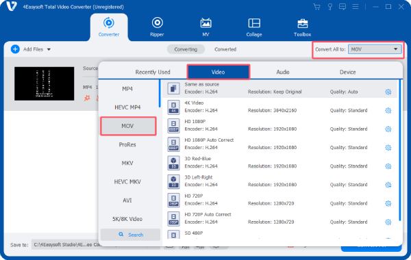 Select MOV Output 4easy